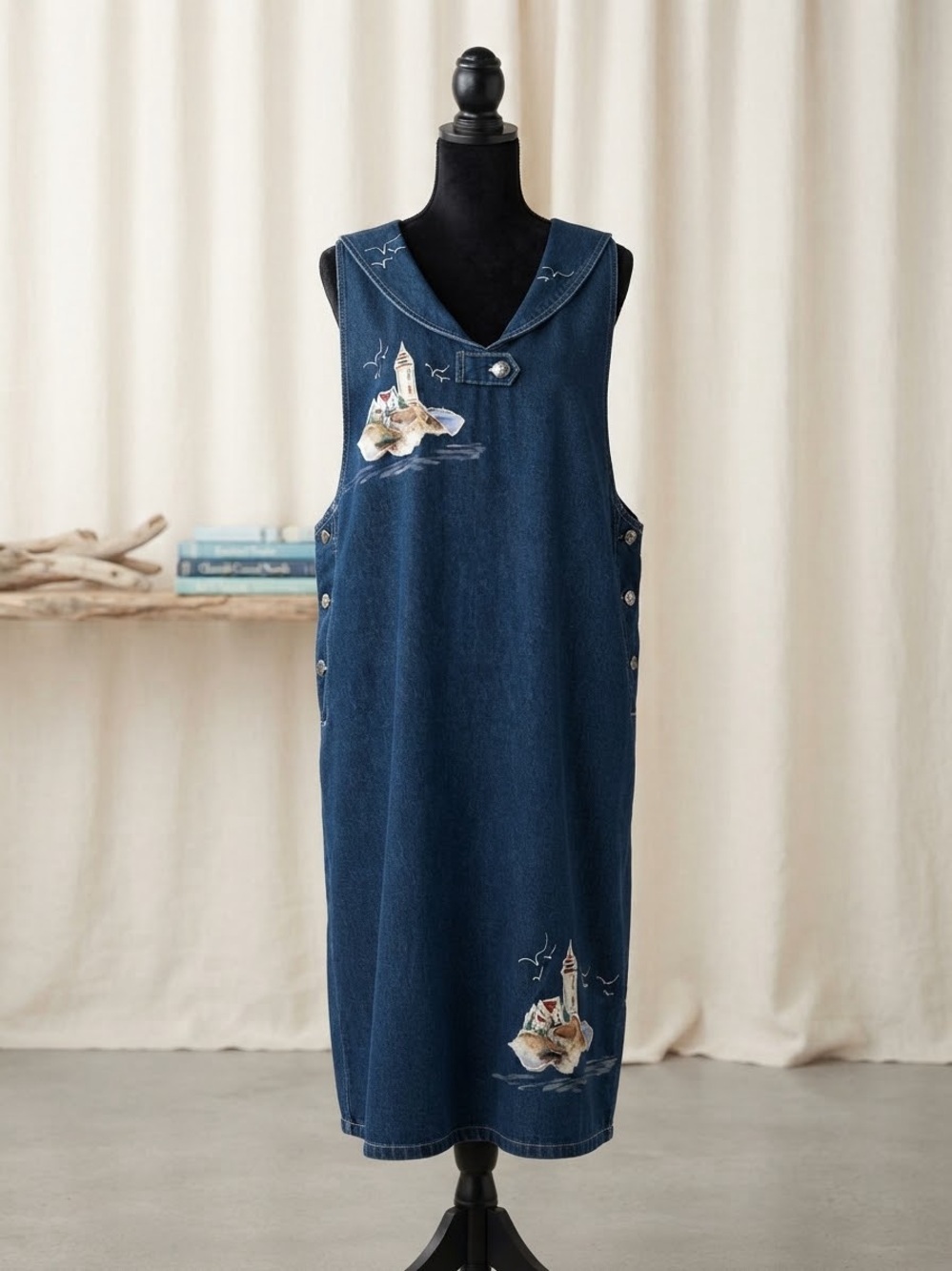 Haik’s vintage denim jumper dress lighthouse painting size 16W women’s coastal